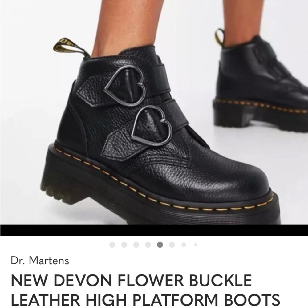 Dr. Martens Black Leather Platform Shoes with Flower Buckle